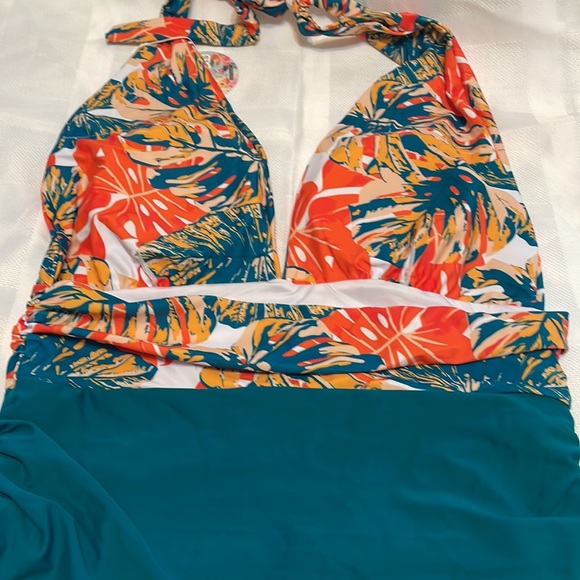 NWT Binlowis Sz L 1 Piece Halter Bathing Suit Teal / Orange / White Design - Picture 12 of 13